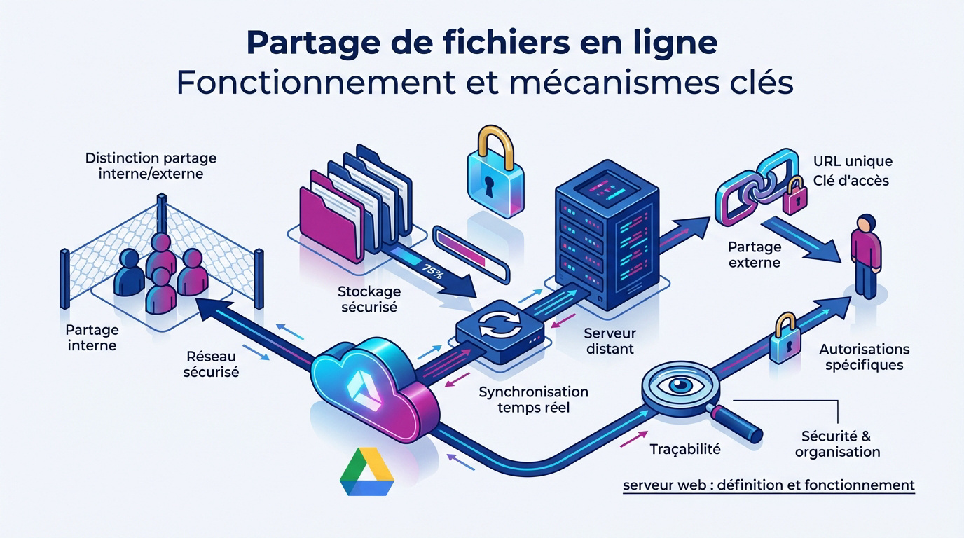 Infographie sur les mécanismes du partage de fichiers en ligne
