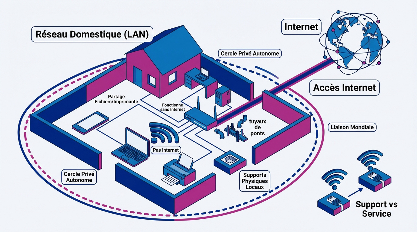 Schéma comparant un réseau local LAN et le réseau mondial Internet