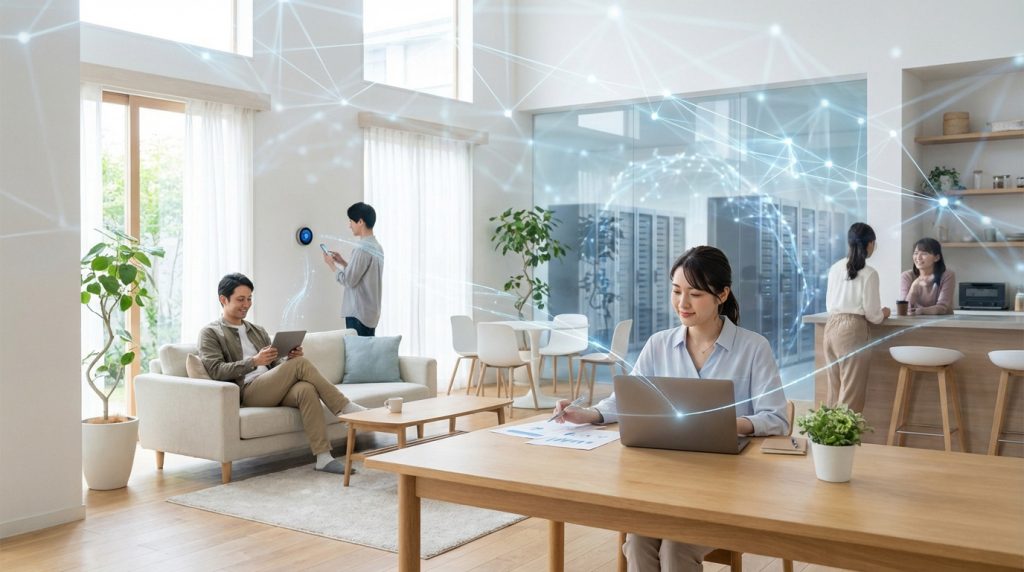 Personnes interagissant avec des appareils connectés (PC, tablette) dans un intérieur moderne, souligné par un réseau lumineux symbolisant le cloud.