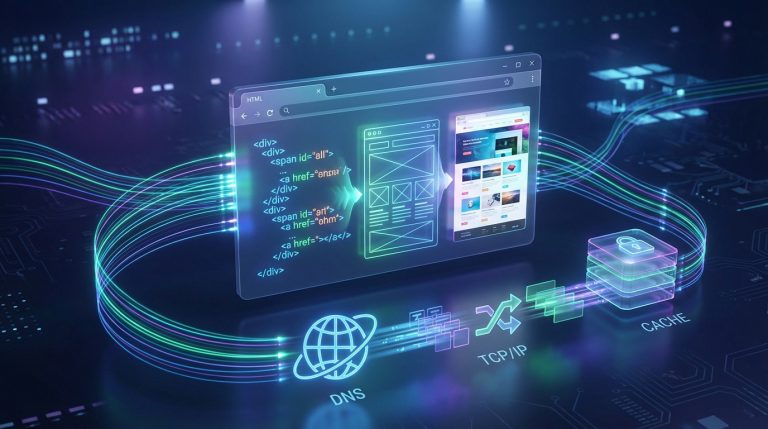 Illustration numérique du fonctionnement d'un navigateur : code HTML, rendu visuel, icônes DNS, TCP/IP, cache, sur fond de circuit imprimé lumineux.