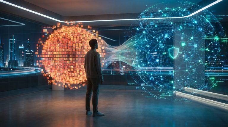 Homme face à deux sphères réseau lumineuses: IPv4 (orange, faible capacité) et IPv6 (bleue, sécurisée, étendue).