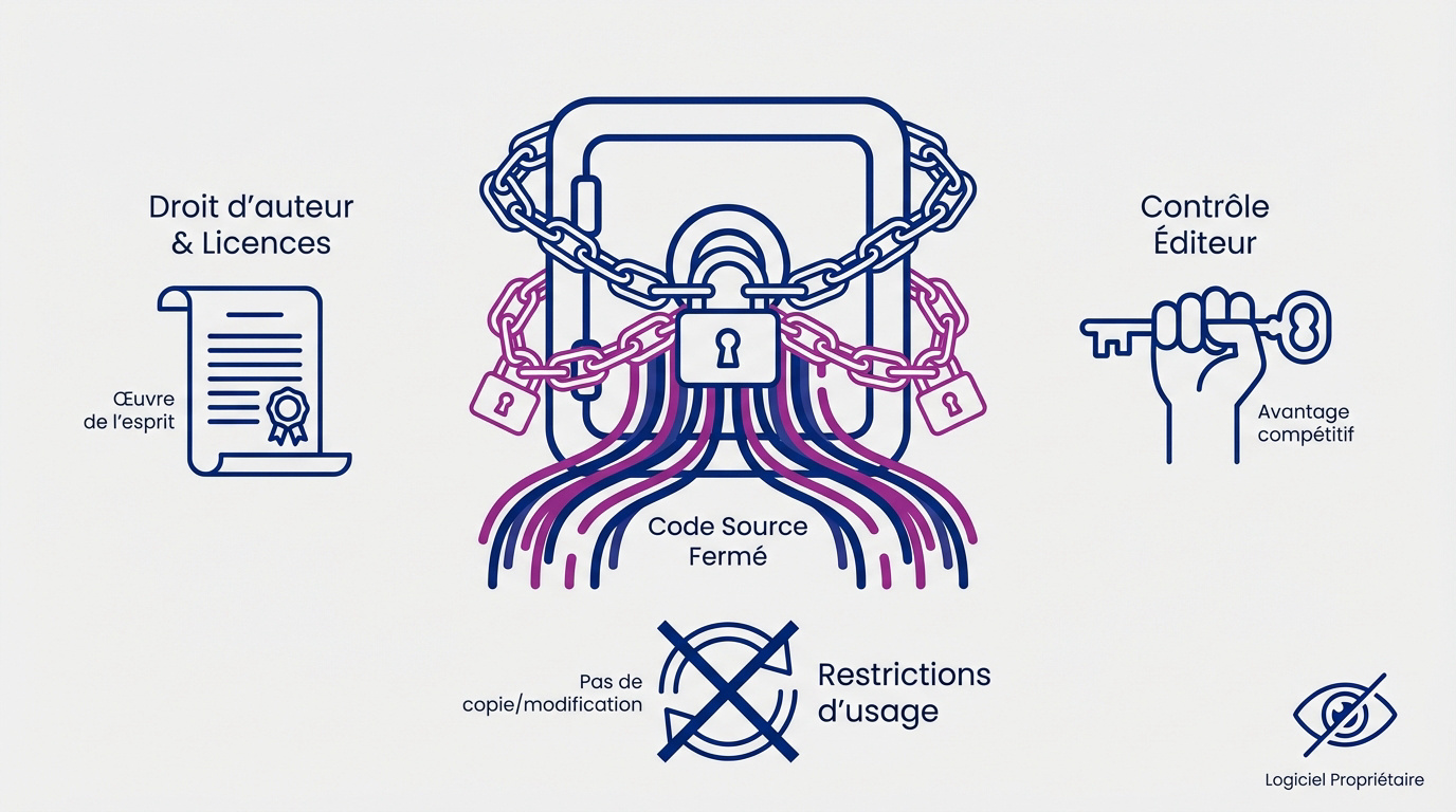 Illustration d'un code source verrouillé symbolisant le logiciel propriétaire