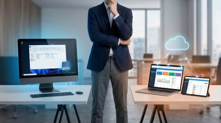 Un homme réfléchit entre un PC avec logiciel installé et des appareils connectés au cloud (logiciel en ligne).