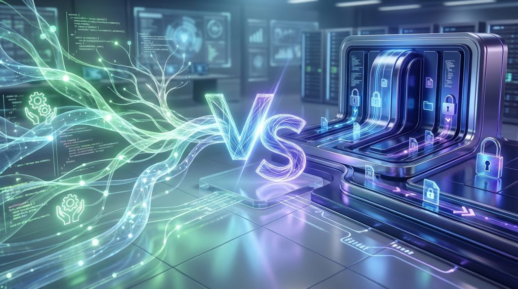 Représentation visuelle du contraste entre l'open source (flux vert, code, collaboration) et le propriétaire (flux bleu, cadenas, sécurité). Le signe VS est au centre.