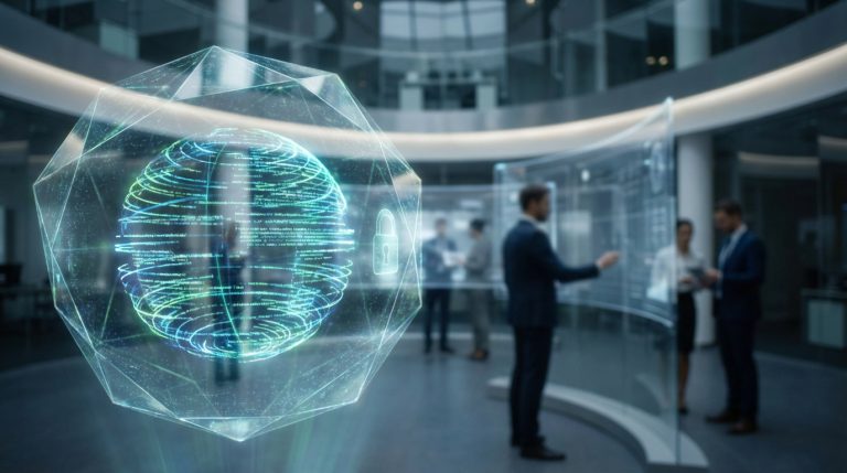Globe de code holographique protégé par un cadenas dans un bureau moderne. Des professionnels interagissent avec des écrans numériques.