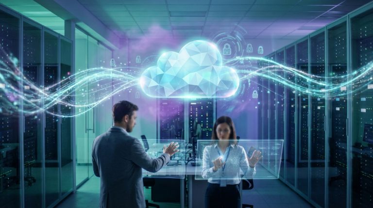 Deux professionnels interagissent avec des interfaces holographiques dans un centre de données, sous un symbole de cloud sécurisé avec flux de données.
