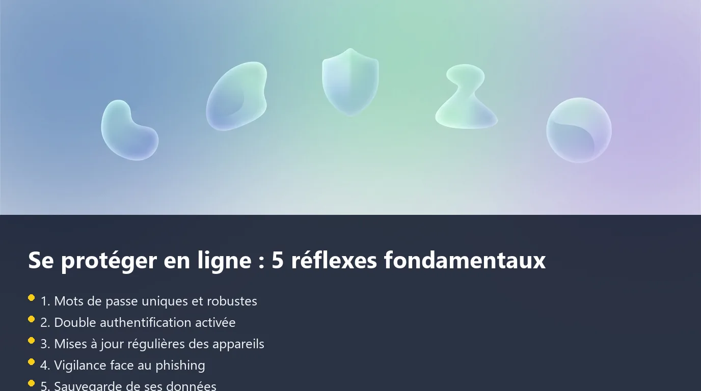 5 réflexes pour se protéger en ligne Infographie listant les cinq réflexes fondamentaux de cybersécurité recommandés aux particuliers