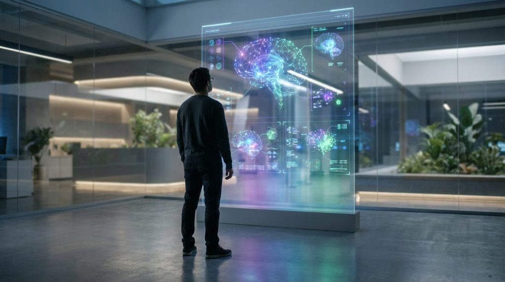 Un homme observe un écran transparent futuriste affichant une représentation lumineuse d'un cerveau et de réseaux neuronaux.