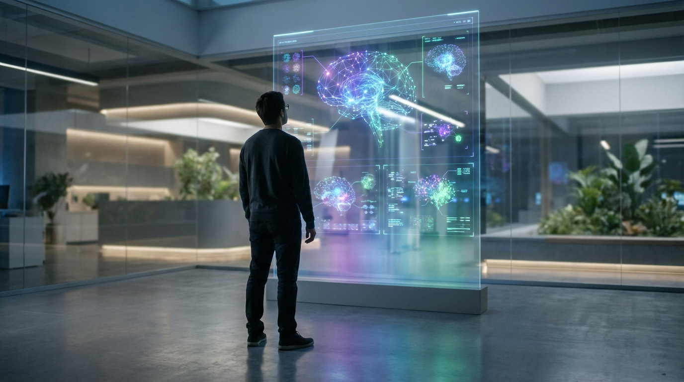 Un homme observe un écran transparent futuriste affichant une représentation lumineuse d'un cerveau et de réseaux neuronaux.