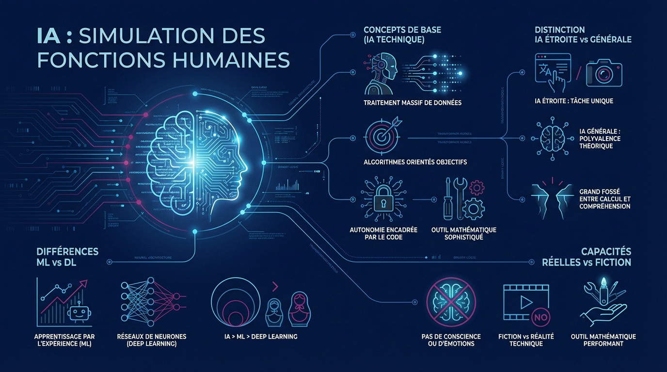 Infographie expliquant la simulation des fonctions humaines par l'intelligence artificielle