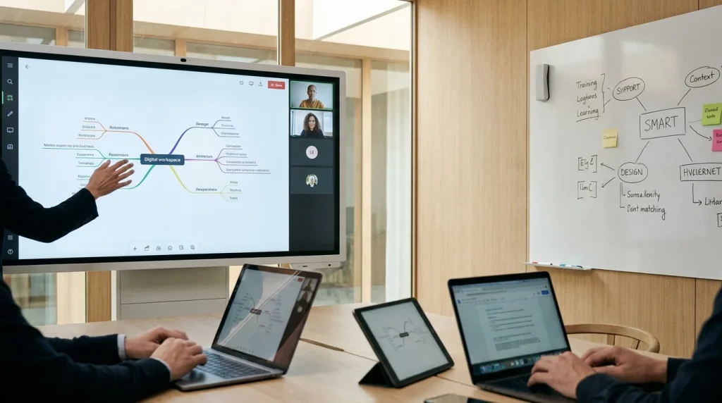 Collaboration en ligne : plusieurs utilisateurs travaillent ensemble sur des outils numériques partagés