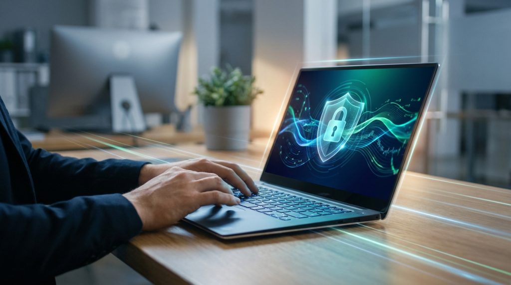 Mains tapant sur un ordinateur portable affichant un bouclier avec cadenas, symbolisant la cybersécurité et la protection des données.