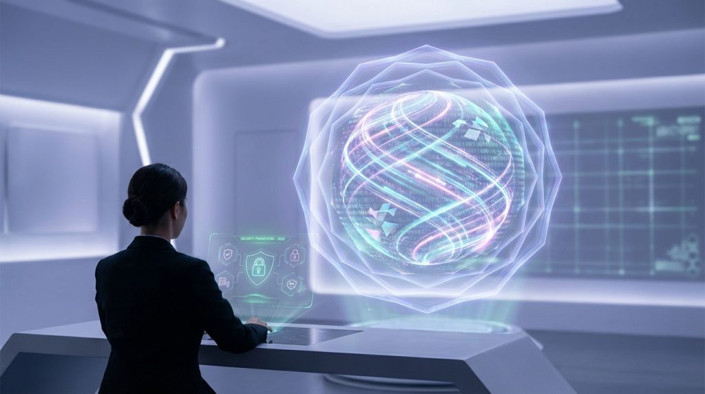 Personne face à une interface holographique de sécurité et un globe de données numériques lumineux. Ambiance futuriste, protection des infos.