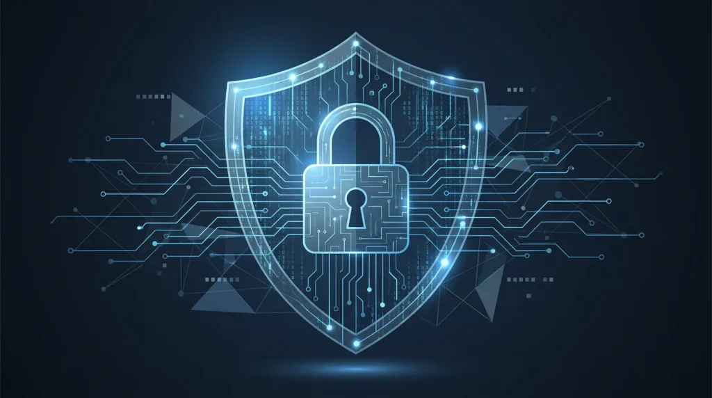 Illustration abstraite d'un bouclier numérique et d'un réseau de connexions sur fond sombre évoquant la cybersécurité