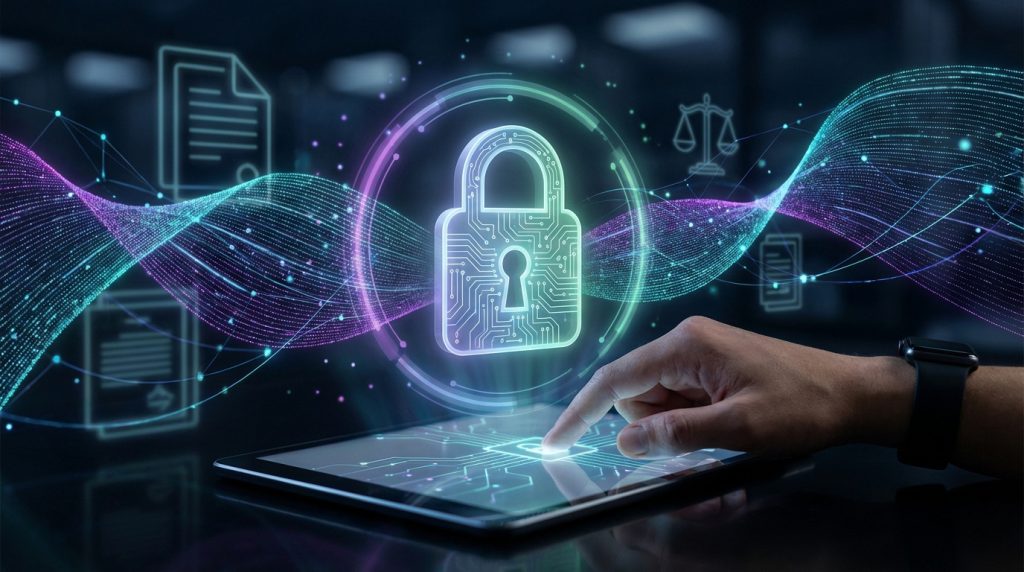 Une main touche une tablette affichant un cadenas numérique lumineux. Représente la cybersécurité, la protection des données et le RGPD.