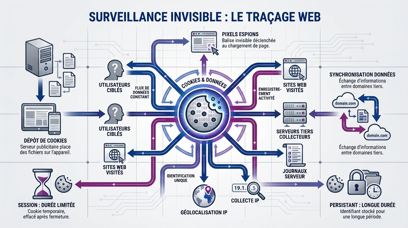 Illustration des mécanismes de traçage numérique et surveillance des données sur le web