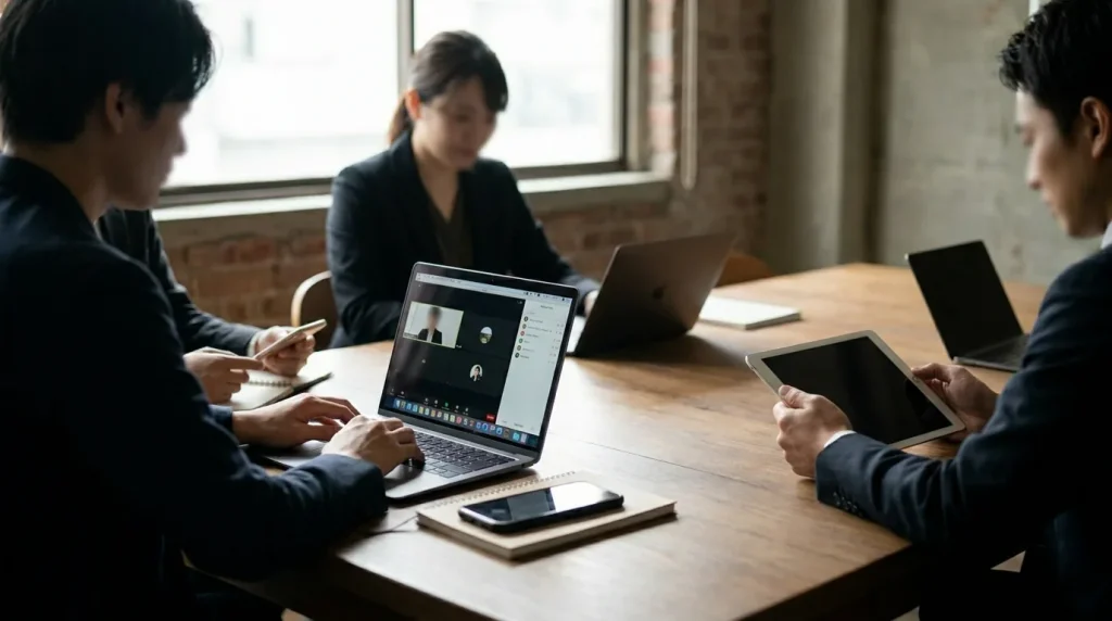 Outils numériques de communication : ordinateur, smartphone et tablette sur un bureau de travail