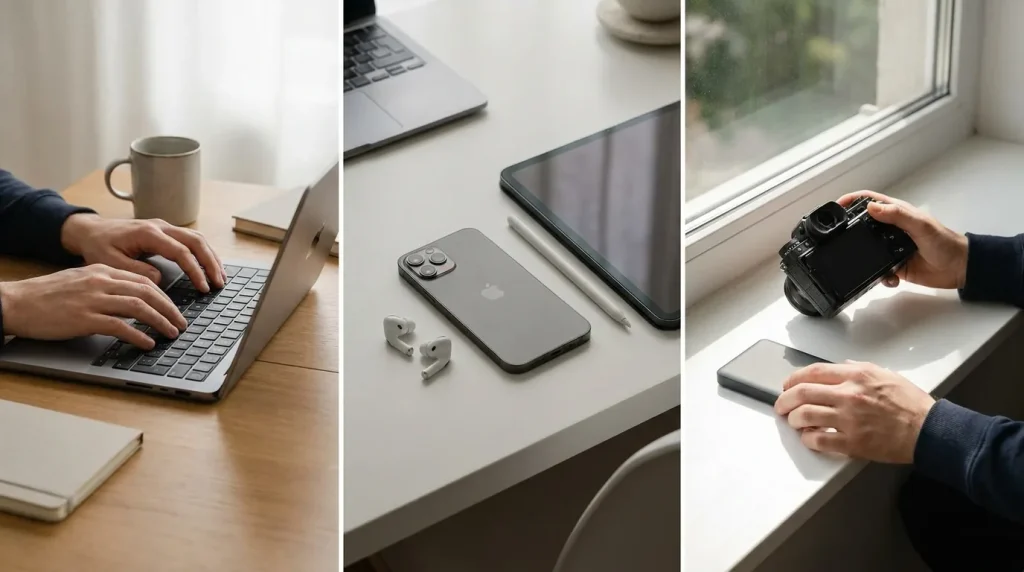 Outils numériques du quotidien sur un bureau : ordinateur, smartphone et tablette