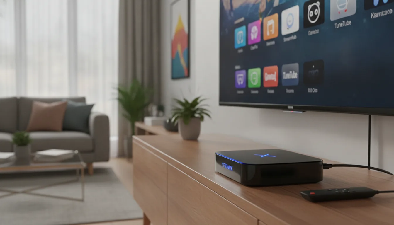 Boitier smart TV avec port HDMI connecté à un téléviseur dans un salon moderne