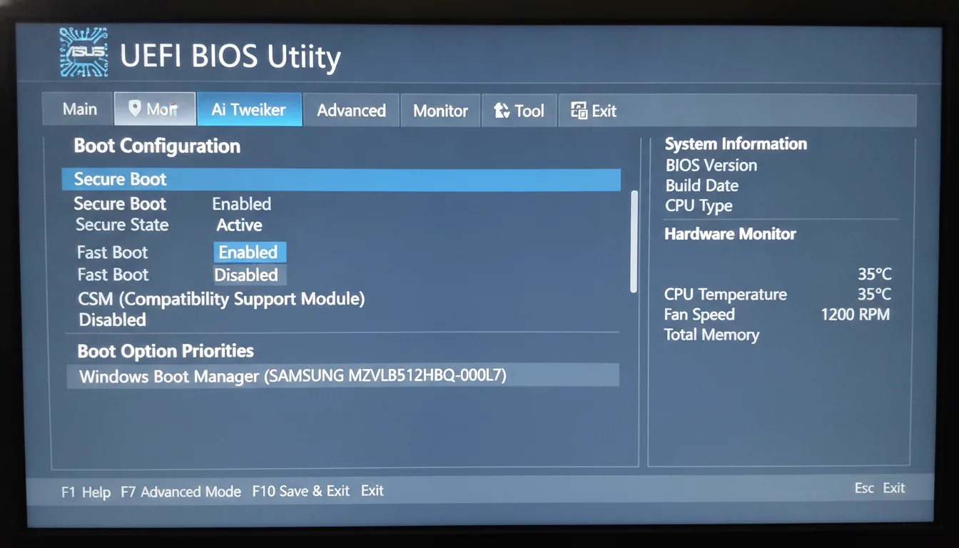 Écran BIOS affichant les paramètres de Secure Boot lors du démarrage de l'ordinateur