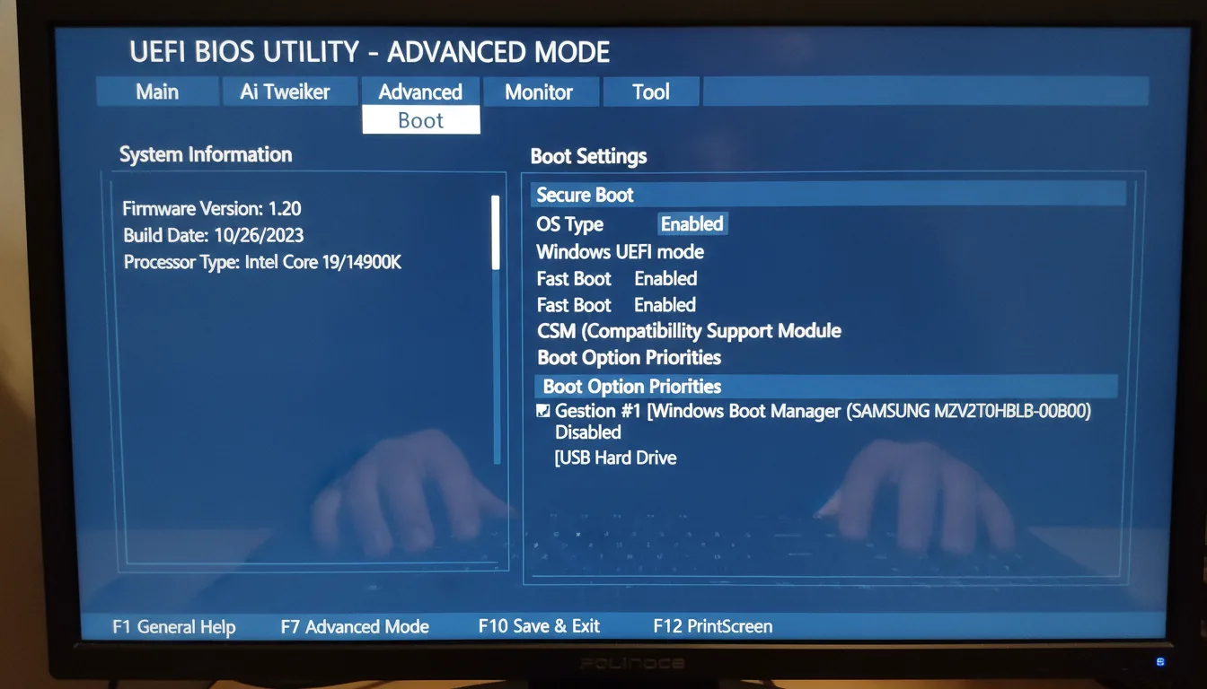 Ecran de demarrage UEFI affichant les parametres du secure boot sur un ordinateur