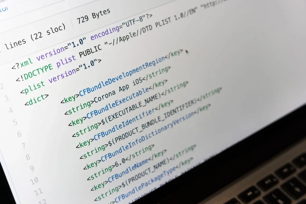 Écran d'ordinateur affichant du code XML avec coloration syntaxique dans un logiciel XML professionnel