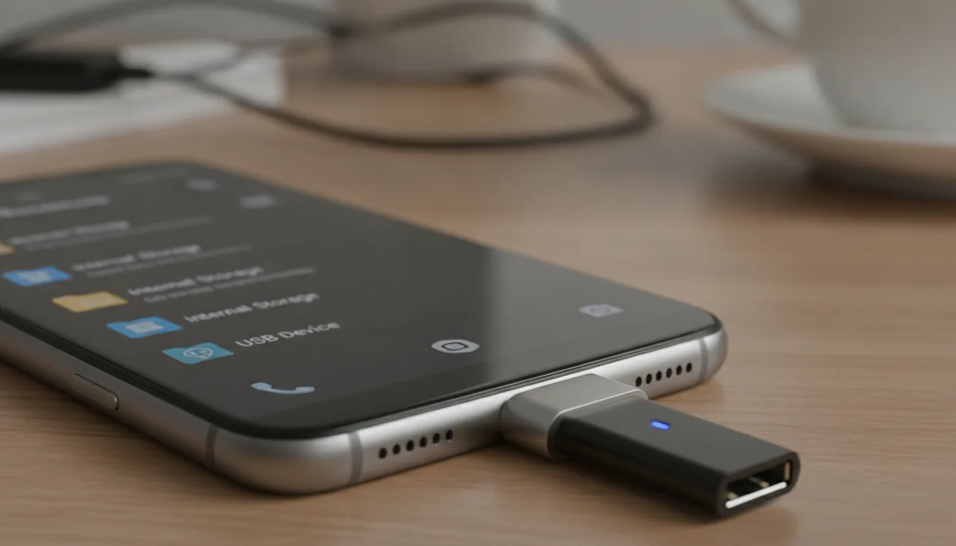 Adaptateur USB OTG type C connecté à un smartphone pour brancher un périphérique externe